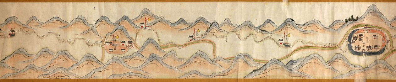 16.000. geliefert. Nach Norden ausgerichtet. Relief bildlich dargestellt. Vogelperspektive. Deckt den Wei-Fluss in Baoji Xian, Shanxi Sheng bis Shu Dao an der Grenze Shanxi-Sichuan ab. Zeigt Siedlungen, Rastplätze, Stationen, Gasthäuser, Tempel, Gebirgspäs von Arthur W. Hummel