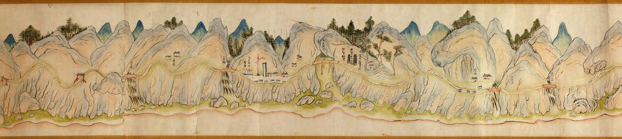 16.000. geliefert. Norden ist nach rechts ausgerichtet. Relief wird bildlich dargestellt. Zeigt den Wei-Fluss in Baoji Xian, Shanxi Sheng bis Shu Dao an der Grenze Shanxi-Sichuan. Zeigt Siedlungen, Rastplätze, Stationen, Gasthäuser, Tempel, Gebirgspässe, M von Arthur W. Hummel