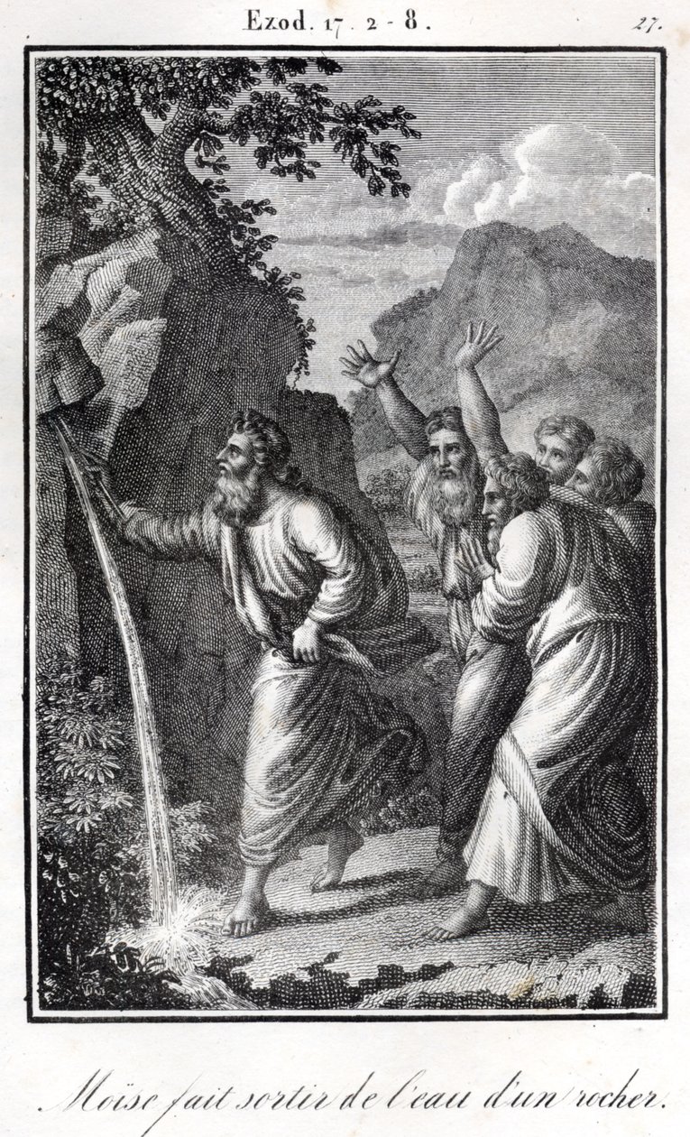 Bibel, Moses schlägt auf den Felsen und Wasser kommt heraus Exodus (Gravur) von Artist Unknown