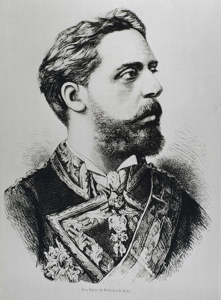 CARLOS VII, Carlos Maria de los Dolores de Borbon y Austria-Este (1848-1909). Karlistischer Thronprätendent von Spanien als Carlos VII. Spanien. Karlismus. Charles VII, karlistischer Thronprätendent. Veröffentlicht in „La ilustracion Espanola y Americana“. von Artist Unknown