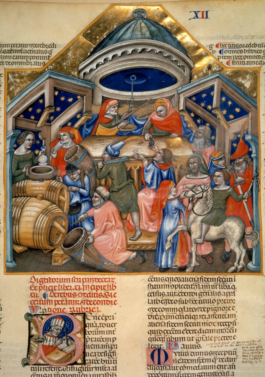 Szenen aus dem Einkaufsleben in Bologna. Miniatur von Artist Unknown