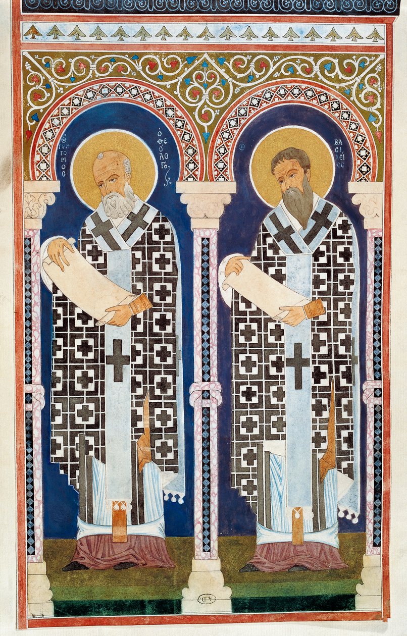 St. Gregor von Nyssa und St. Basilius der Große, Väter der griechisch-orthodoxen Kirche, Gravur, 4. Jahrhundert von Artist Unknown
