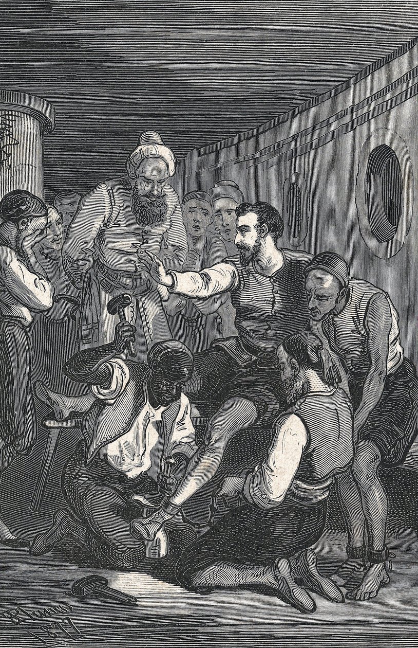 Die Trinidadianer Fray Juan Gil und Fray Anton de la Bella befreiten Cervantes 1580 aus der Gefangenschaft in Algier (Stich) von Artist Unknown