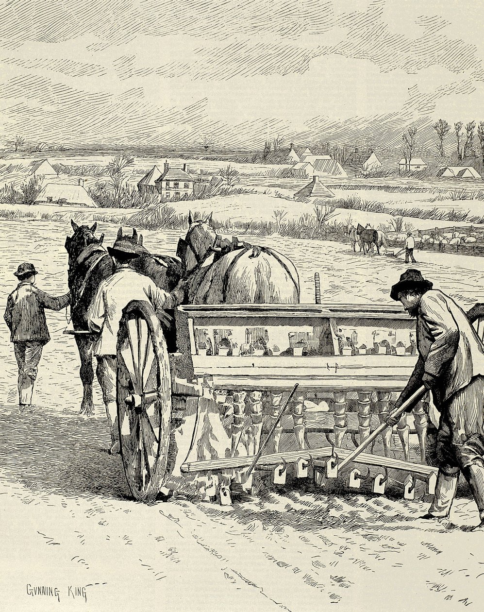 VEREINIGTES KÖNIGREICH. ENGLAND. Industrielle Revolution. Bohrmaschine erfunden von Jethro Tull. Gerste säen im Februar. Zeichnung von Gunning King, veröffentlicht in „The Illustrated London News“. Stich. von Artist Unknown
