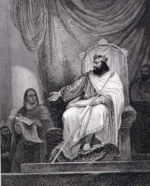 Karl der Große (742-814) erlässt das Kapitular von Herstal im Jahr 779, gestochen von Leclerc von Ary (after) Scheffer