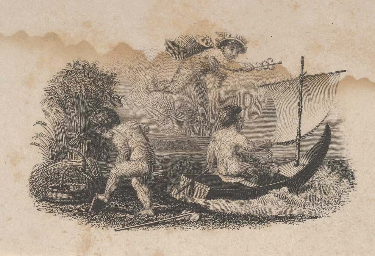 Banknoten-Vignette mit drei Putti, die Handel und Landwirtschaft symbolisieren, ca. 1824-37 von Asher Brown Durand.