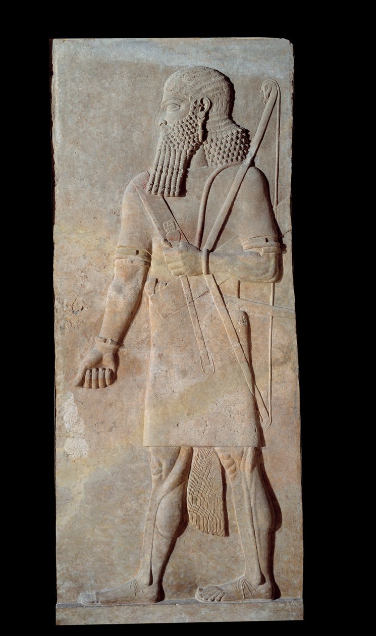 Krieger in Waffen aus dem Hof des Palastes des assyrischen Königs Sargon II (721 - 705 v. Chr.). Paris, Louvre Museum von Assyrian