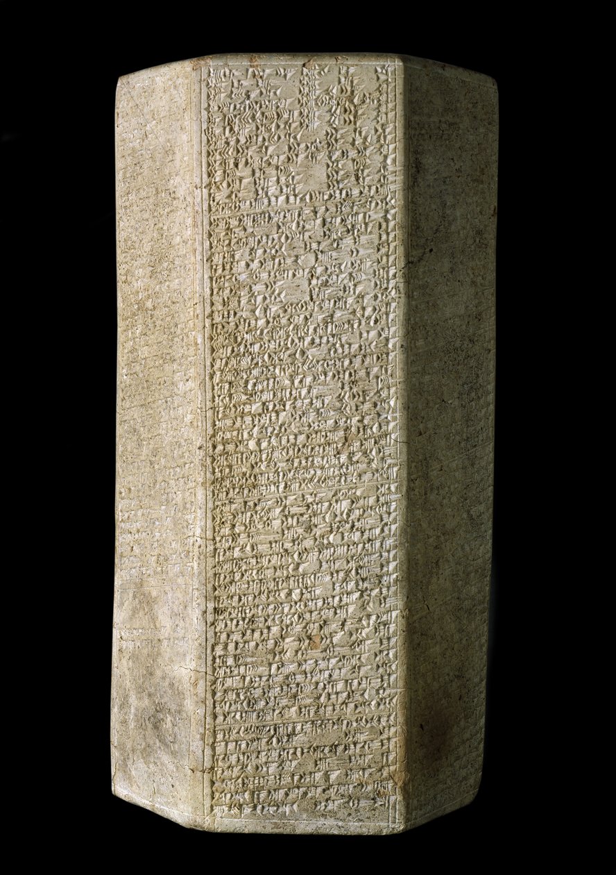 Hexagonaler Zylinder, beschriftet mit den Annalen von Esarhaddon, König von Assyrien, ca. 676 v. Chr. von Assyrian