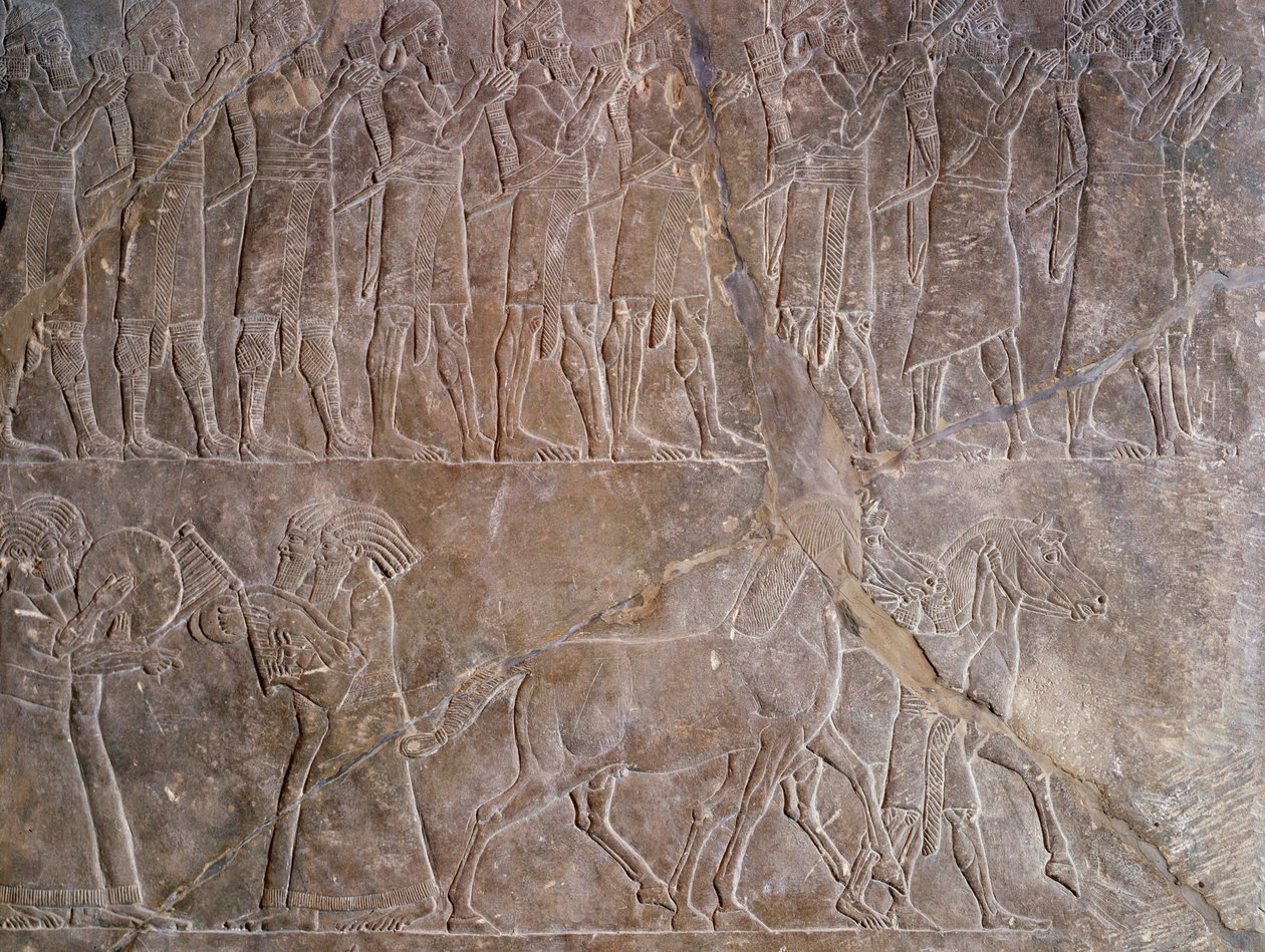 Orientalische Altertümer: Detail eines Basreliefs aus Kalkstein: die Musiker der Rüstung von Assurbanipal oder Ashurbanipal, König von Assyrien (Mesopotamien) (669 v. Chr.-627 v. Chr.). 640 v. Chr. Aus Ninive. Paris, Louvre Museum von Assyrian