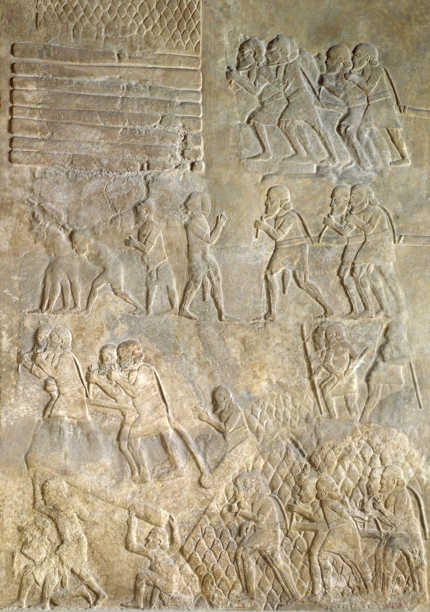 Relief, das Träger zeigt, die Holz zur Küste für den Seetransport bringen. aus dem Palast von Sargon II., Khorsabad, Irak von Assyrian