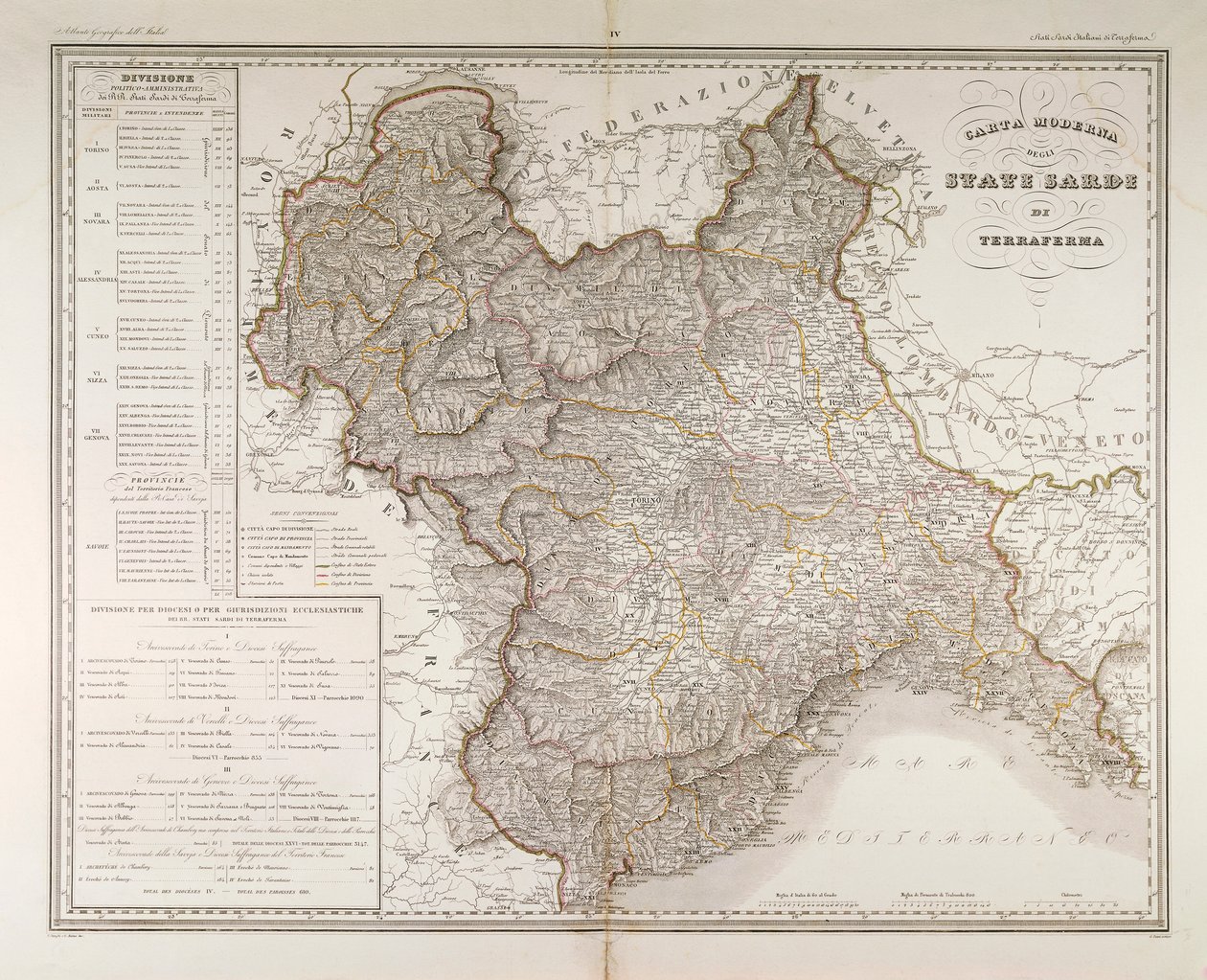 Sardinische Staaten auf dem Festland. Karte von Attilio Zuccagni-Orlandini, aus dem Geographischen Atlas der italienischen Staaten, Florenz, Kupferstich von Attilio Zuccagni Orlandini