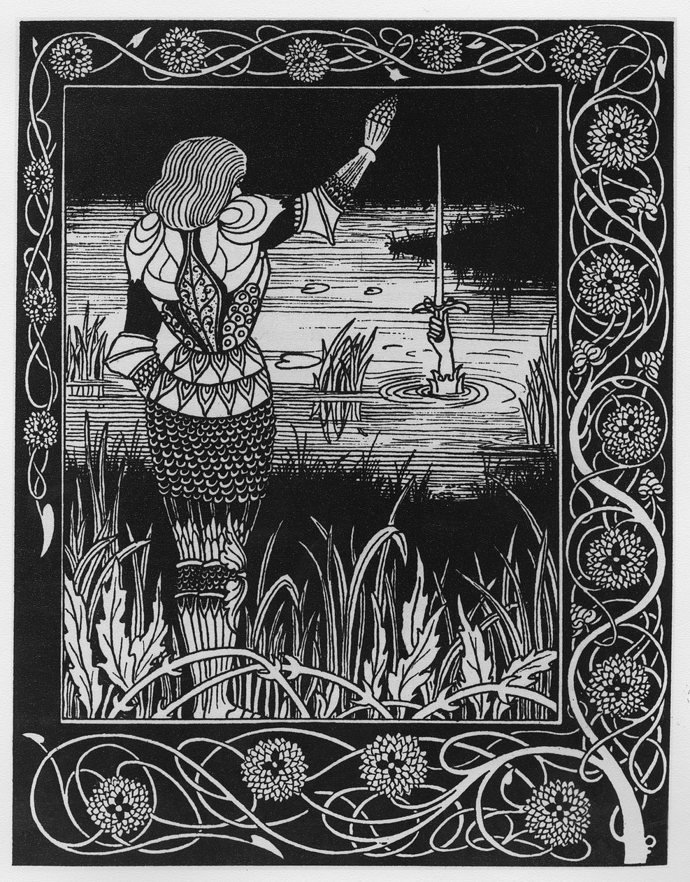 Wie Sir Bedivere das Schwert Excalibur ins Wasser warf, eine Illustration aus 
