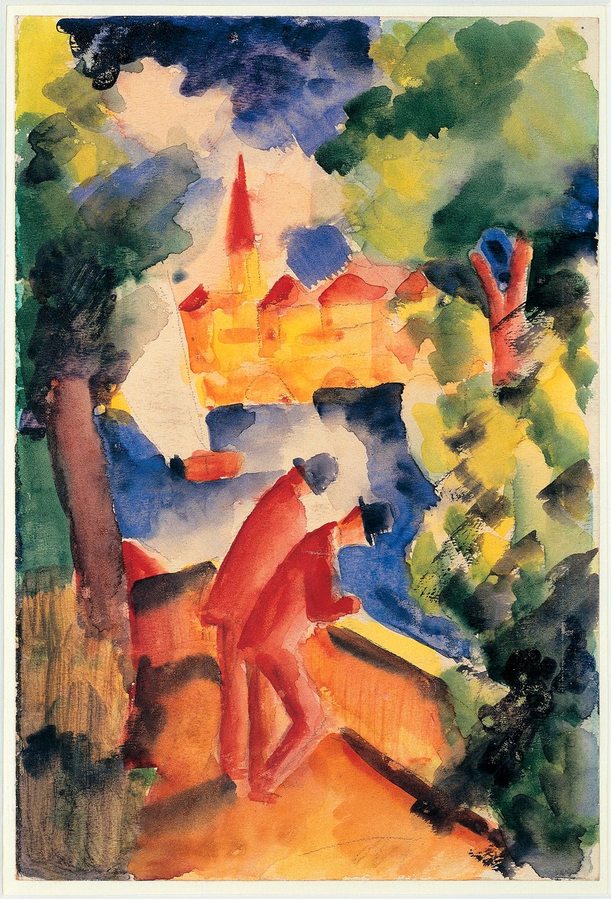 Zwei Männer lehnen sich an das Geländer mit Blick auf einen See (1914) von August Macke