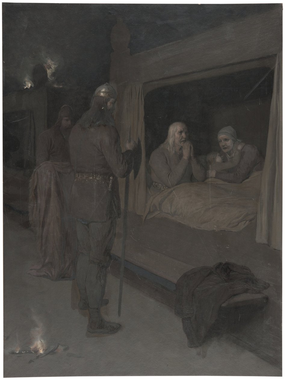 Njal, Bergthora und Thord Karisson beschließen, lebendig verbrannt zu werden. Illustration für Njals Saga, Kap. 129 von August Malmström