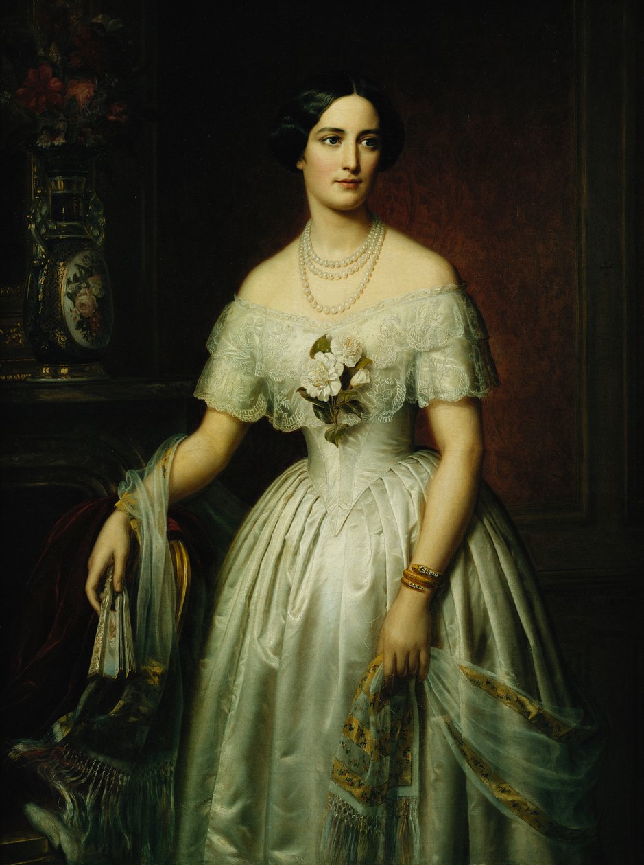 Porträt einer Dame, stehend, Dreiviertellänge, in einem weißen Kleid, 1851 und 1876 von August Schiott