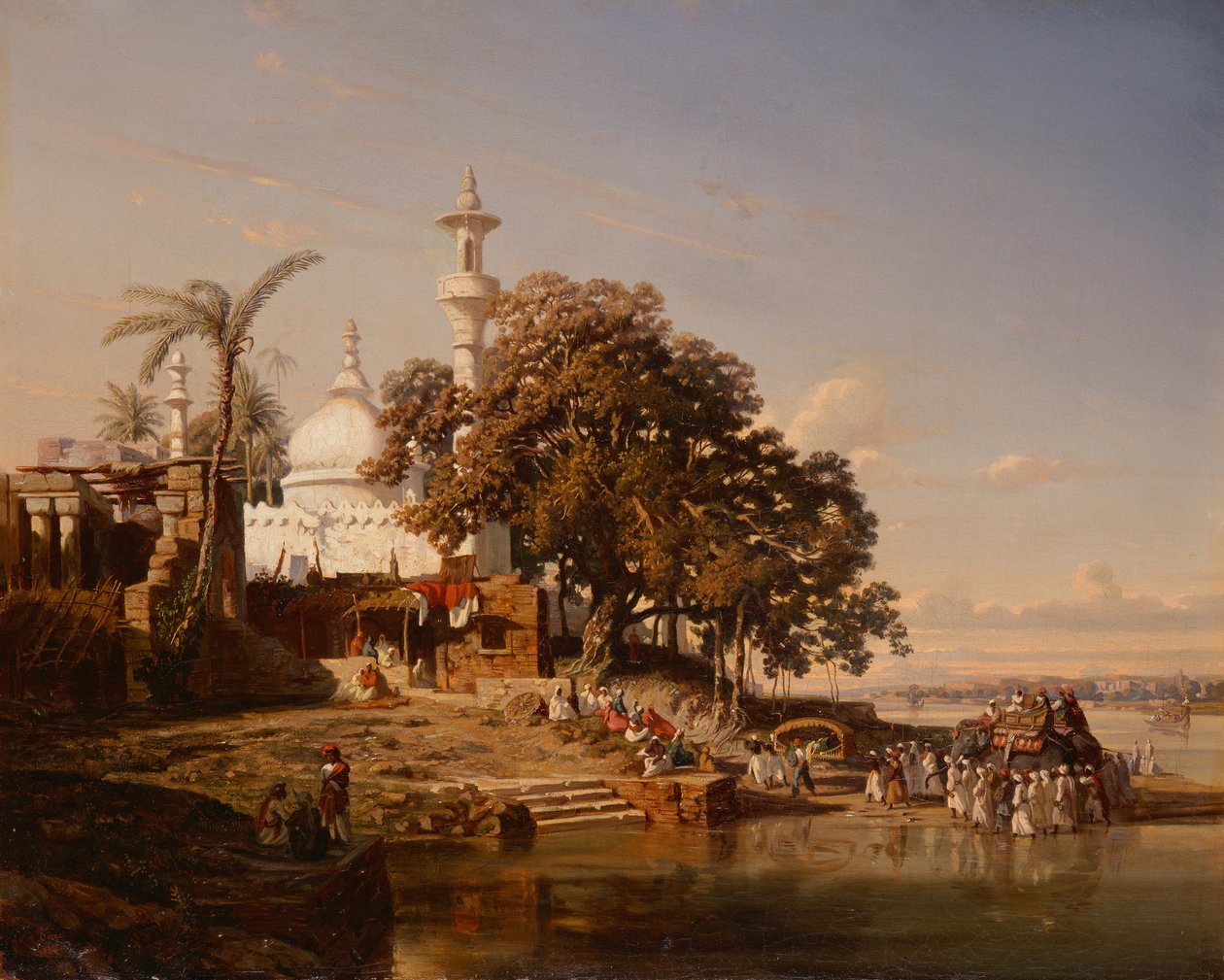 Eine indische Moschee an einem Fluss mit Pilgern und einem Elefanten von Auguste Borget