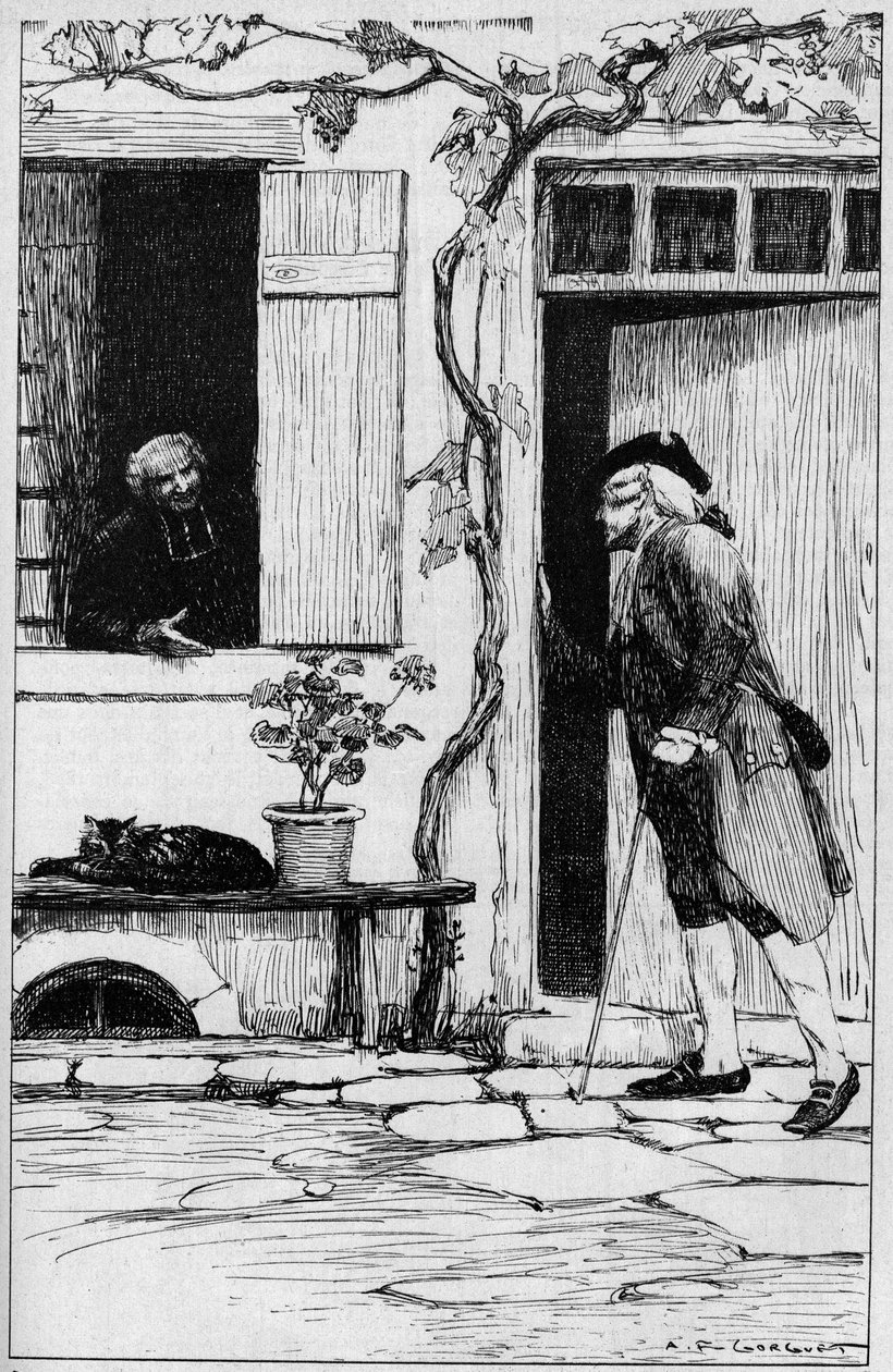 Die Pfarrei des Dorfes Ermenonville lädt den Philosophen Jean Jacques Rousseau (1712-1778) ein, sein Pfarrhaus zu betreten. Oise (60). Illustration von Auguste Francois Gorguet (1862-1927) von Auguste Francois Gorguet