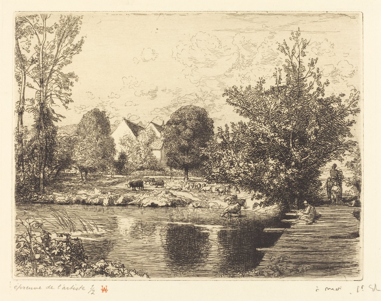 Alte Fußgängerbrücke, Ufer des kleinen Morin von Auguste Lepere