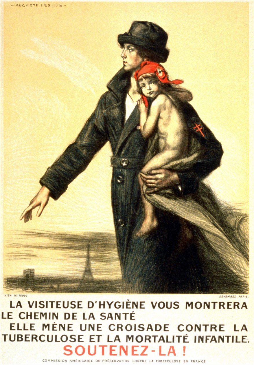 Die Hygiene-Besucherin zeigt Ihnen den Weg zur Gesundheit, sie wird Tuberkulose und Kindersterblichkeit bekämpfen - Plakat der amerikanischen Kommission zur Erhaltung der Tuberkulose in Frankreich, ill. von Auguste Leroux (1871-1954) von Auguste Leroux