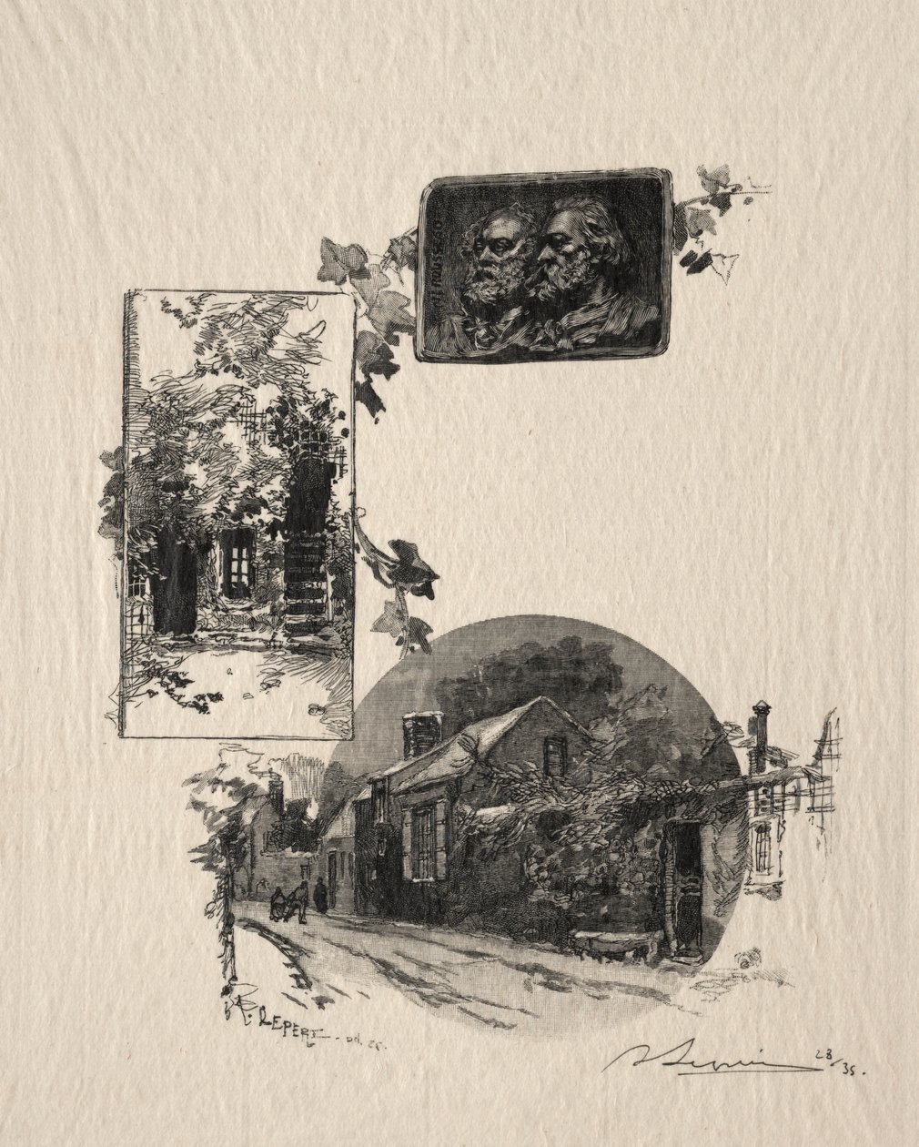 Eingang zum Atelier Rousseau und das Haus von Millet von Auguste Louis Lepère