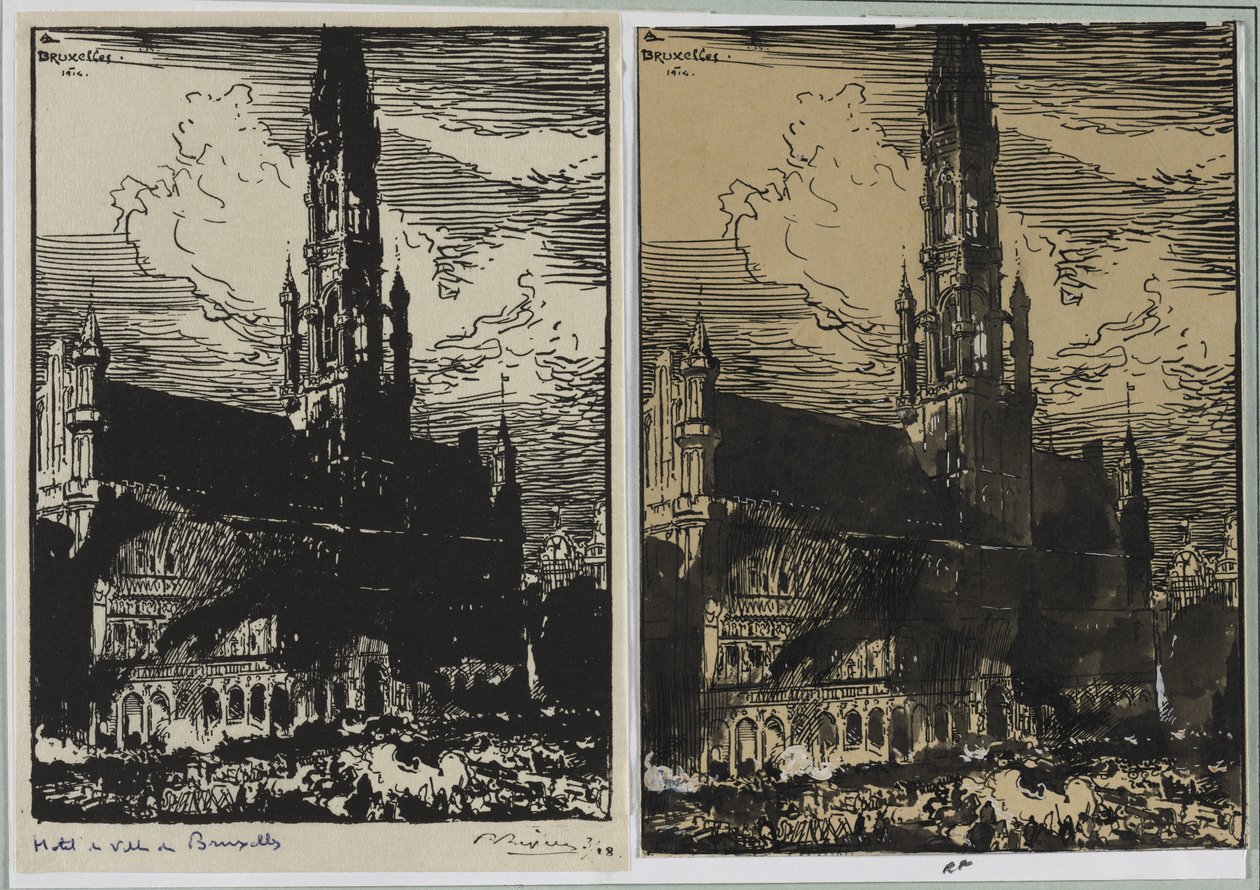 Rathaus von Brüssel in Flammen von Auguste Louis Lepère