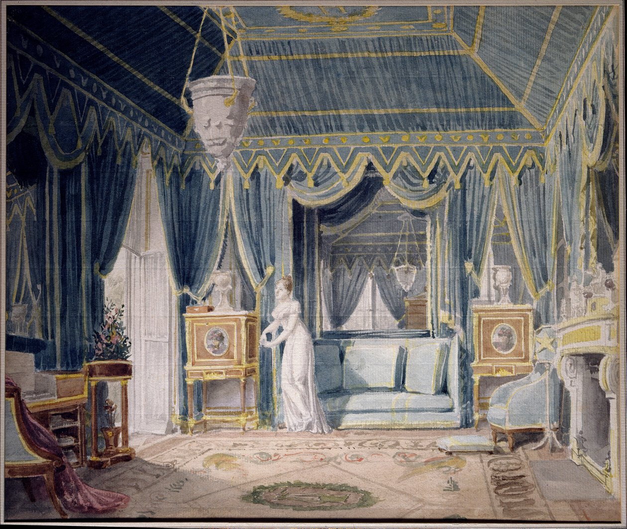 Boudoir der Königin Hortense de Beauharnais (1783-1837) im Jahr 1811. Aquarell von Auguste Garneray (1785-1824). Private Sammlung von Auguste Simon Garneray