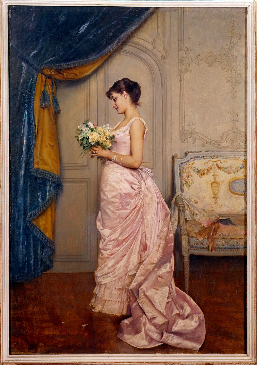 Süßes Ticket. Eine junge Frau liest einen Liebesbrief von einem Verehrer mit einem Blumenstrauß von Auguste Toulmouche