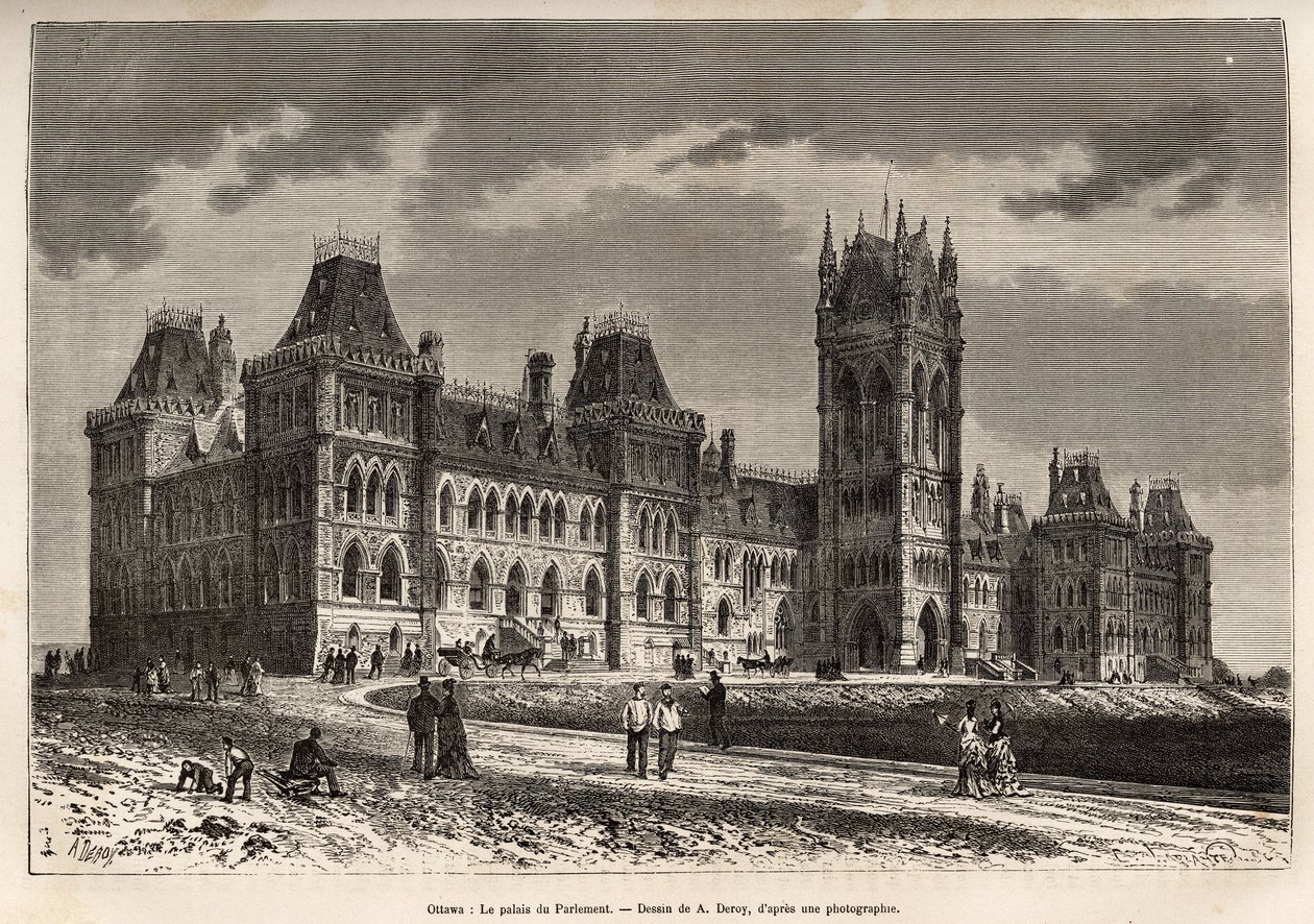 Das Parlamentsgebäude in Ottawa, erbaut zwischen 1859 und 1876, graviert nach einer Zeichnung von A. Deroy, zur Illustration des Ausflugs nach Kanada und zum Red River of the North, von H. De Lamotte 1873, veröffentlicht in „Le tour du monde“ 1875, herausg von Auguste Victor Deroy