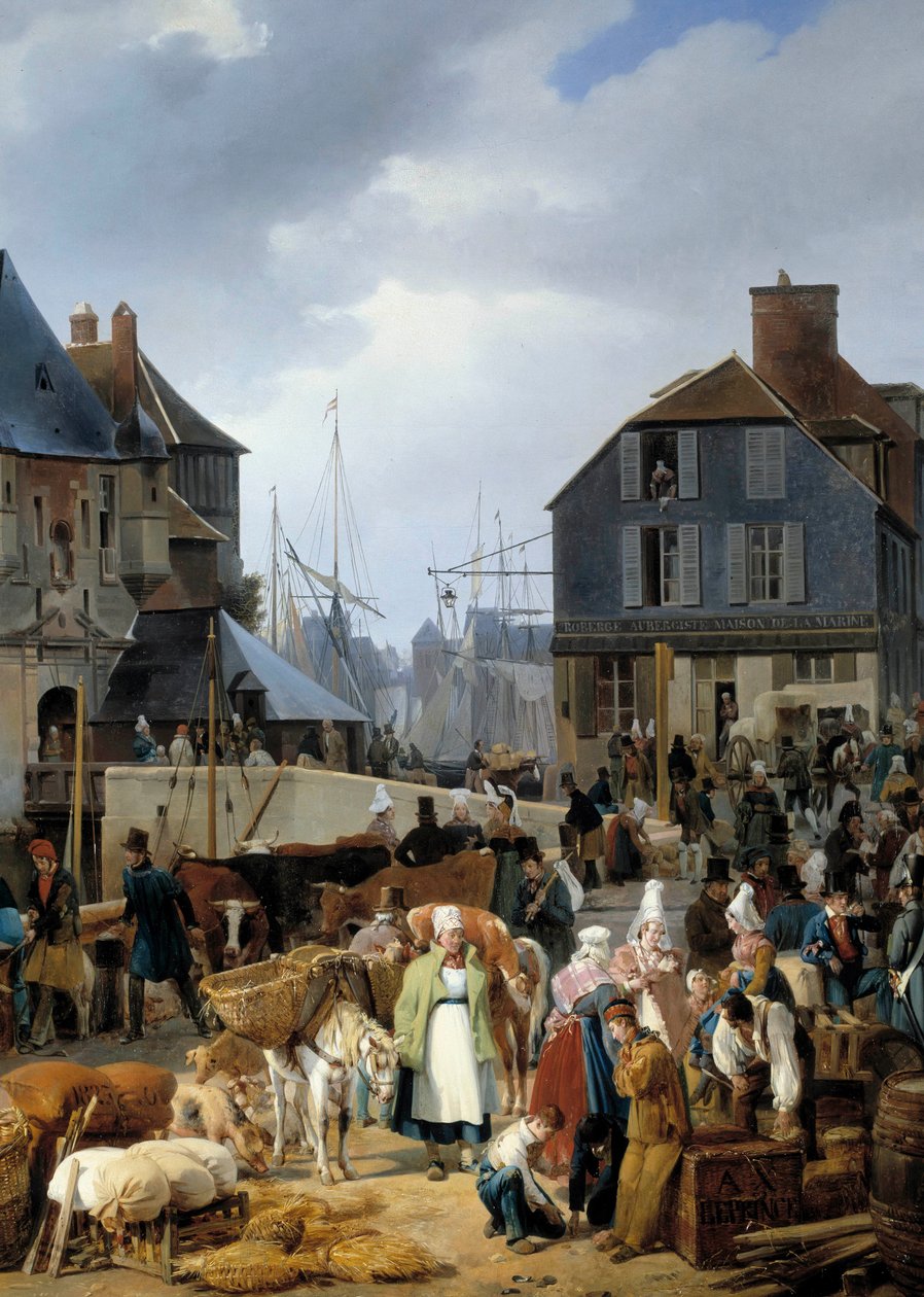 Verladung von Vieh auf den Passagier im Hafen von Honfleur (Detail) von Auguste Xavier Leprince