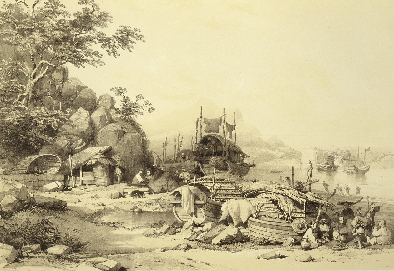 Hausboote in der Bucht von Cowloon, Platte 6 aus Skizzen von China, graviert von Eugene Ciceri, 1842 von Auguste after Borget