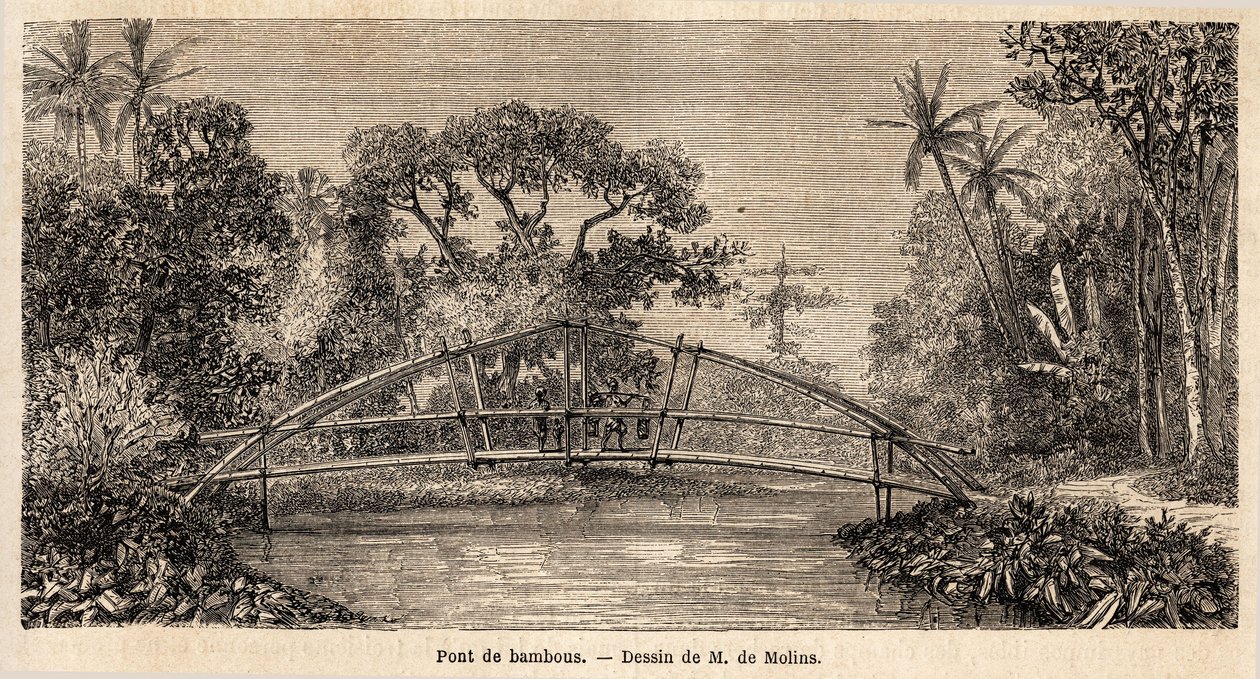 Eine Bambusbrücke im Dschungel, nahe dem Salak-Berg. Zeichnung von M. de Molins, zur Illustration seiner Reise nach Java von Auguste de Molins