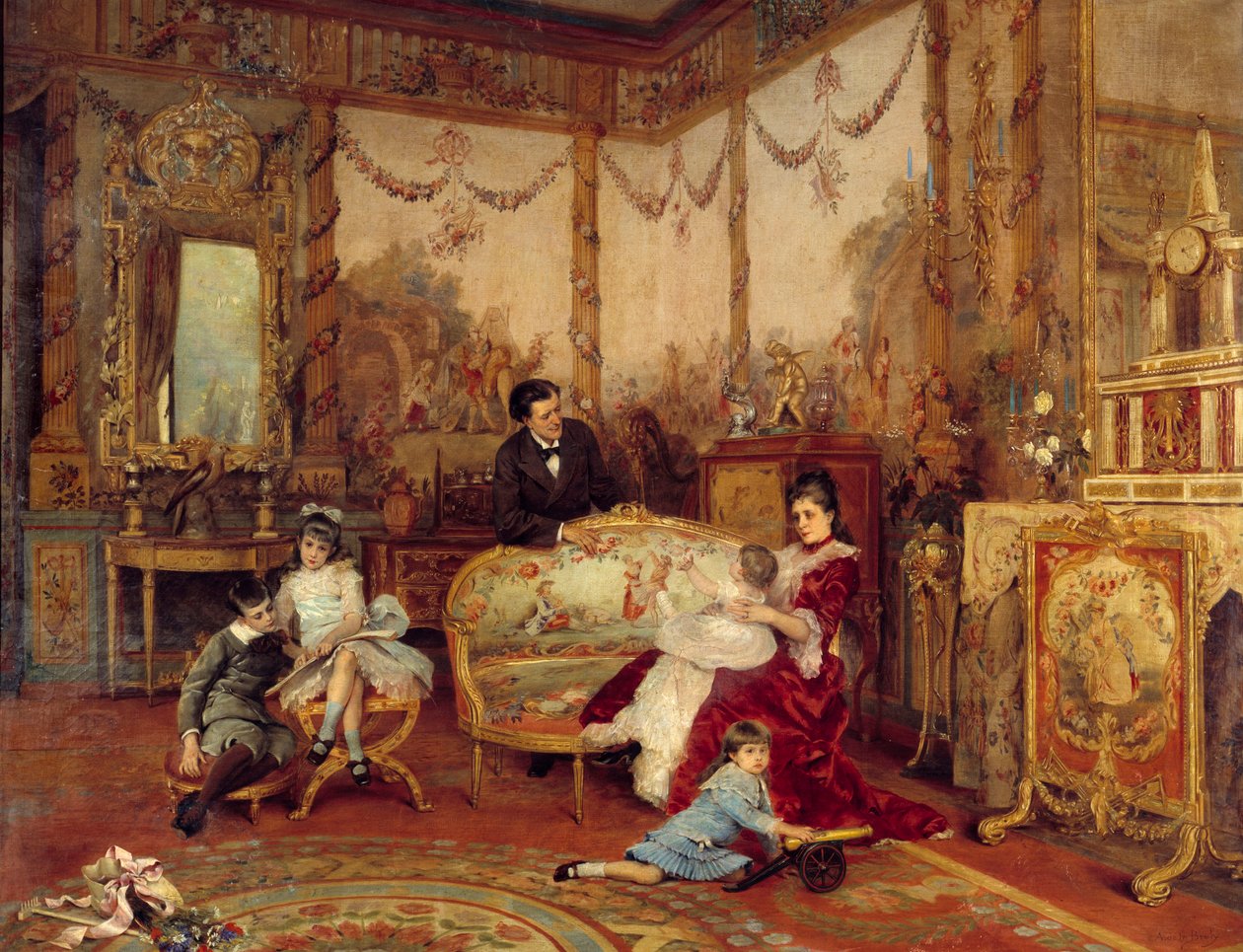 Victorien Sardou (1831-1908), Dramatiker, und seine Kinder. Ansicht aus dem Inneren eines Wohnzimmers mit Feuer vor dem Kamin von Auguste de la Brely