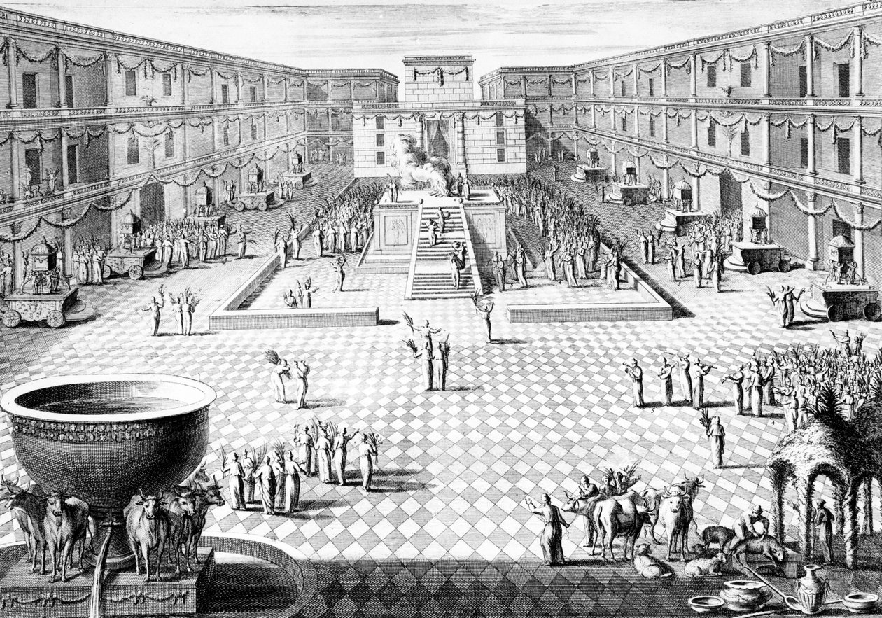 Rekonstruktion der Zeremonien im Tempel Salomos am letzten Tag (Hoshannah Raba) des jüdischen Sukkot-Festes, Illustration aus Dictionnaire Historique de la Bible, 1722 von Augustin Calmet