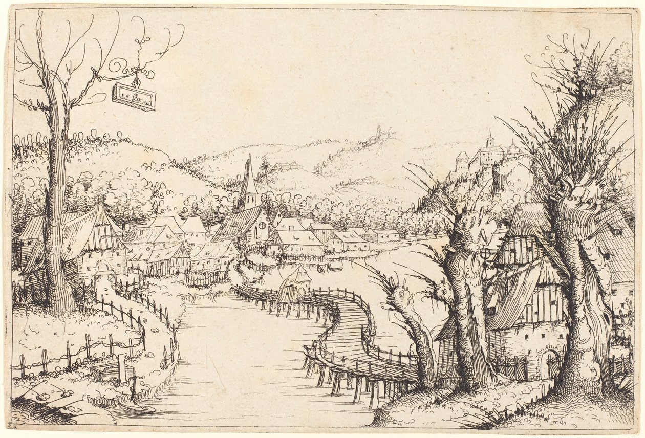 Flusslandschaft mit Holzbrücke von Augustin Hirschvogel