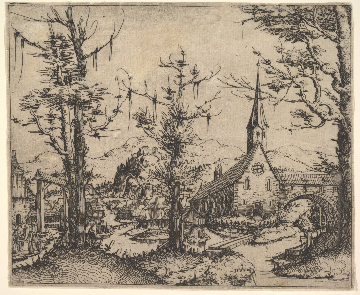 Landschaft mit vier Bäumen und einer Kirche rechts, 1545 von Augustin Hirschvogel