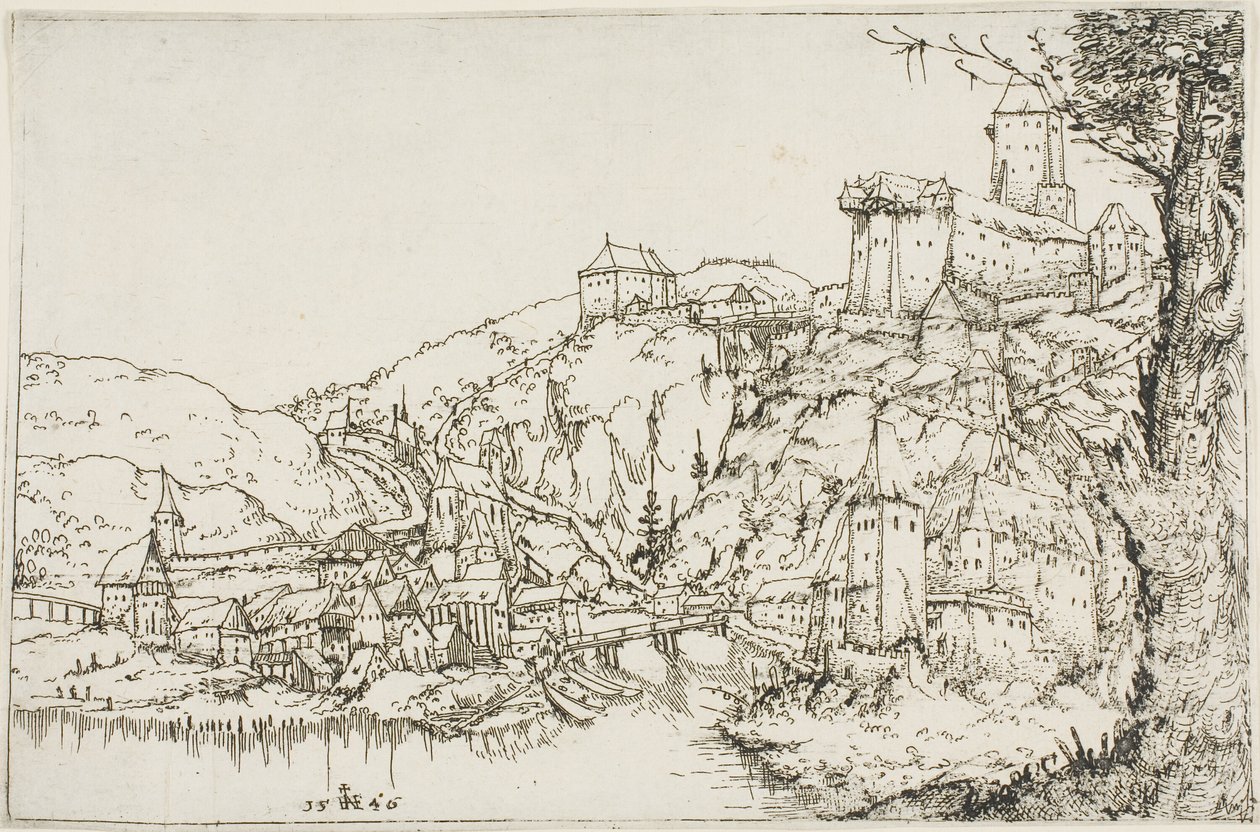 Landschaft mit Fluss, Stadt und Burg von Augustin Hirschvogel
