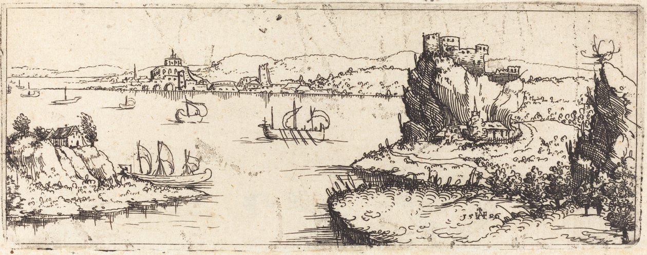 Landschaft mit Segelbooten [untere Platte], 1546 von Augustin Hirschvogel
