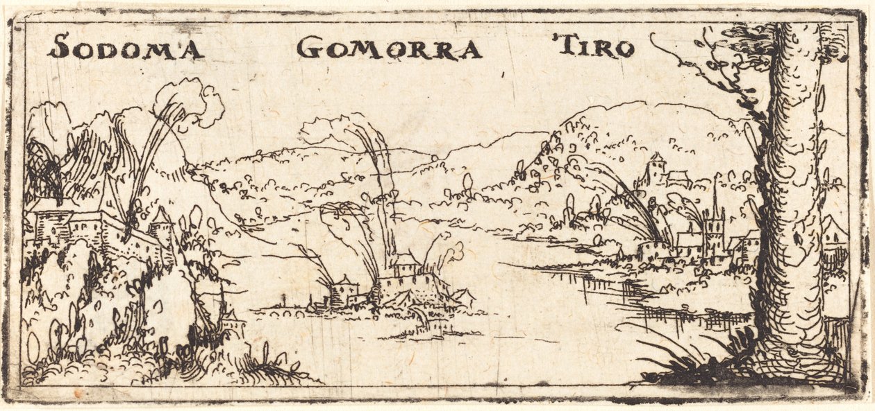Landschaft mit drei brennenden Städten: Sodom, Gomorrah und Tyrus von Augustin Hirschvogel