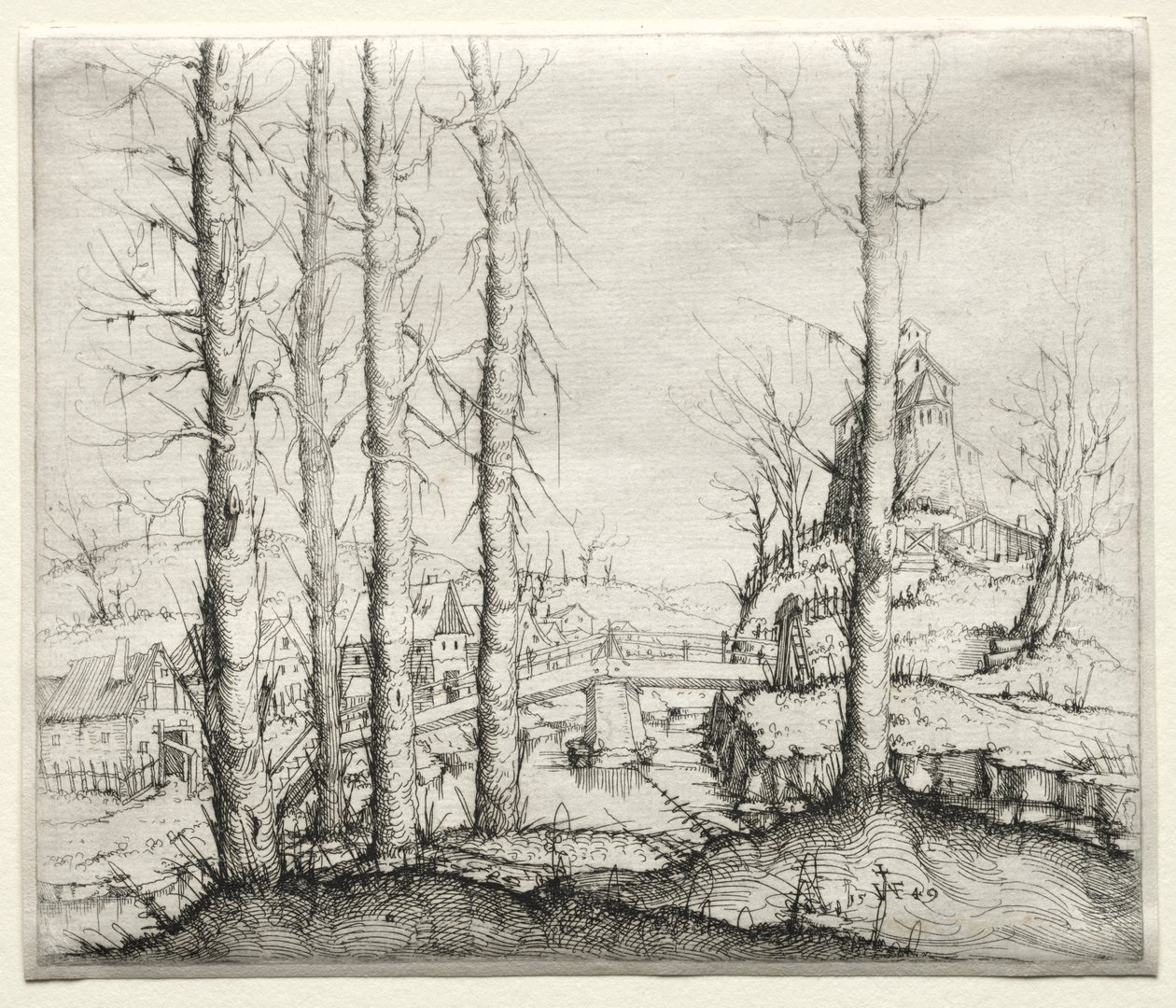 Flusslandschaft mit fünf kahlen Fichten im Vordergrund von Augustin Hirschvogel