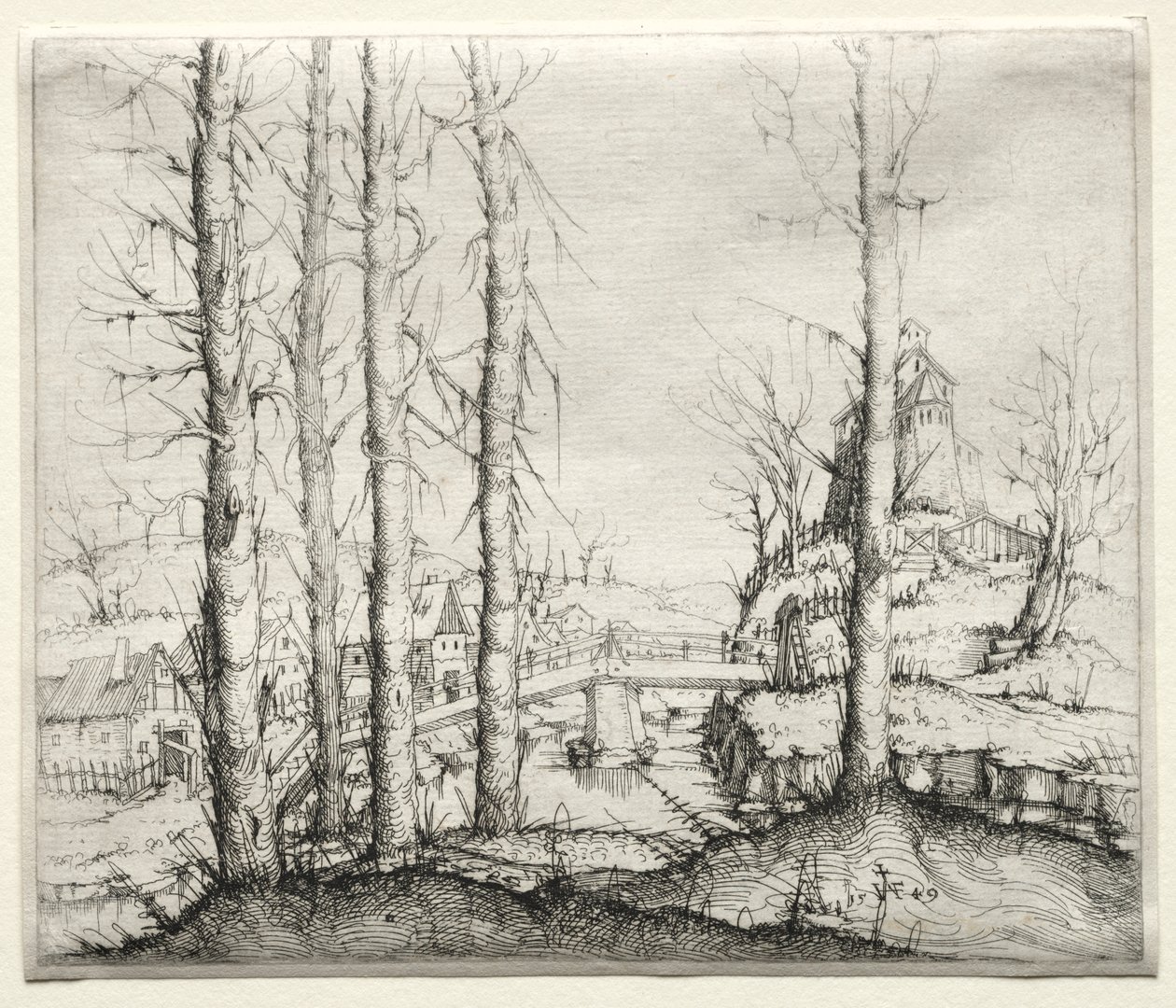 Flusslandschaft mit fünf kahlen Fichten im Vordergrund von Augustin Hirschvogel