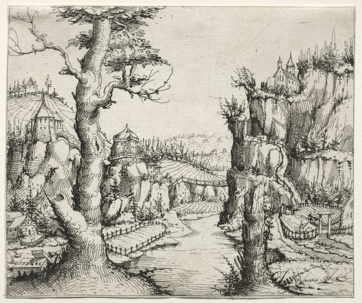 Flusslandschaft mit Felsen links und rechts von Augustin Hirschvogel