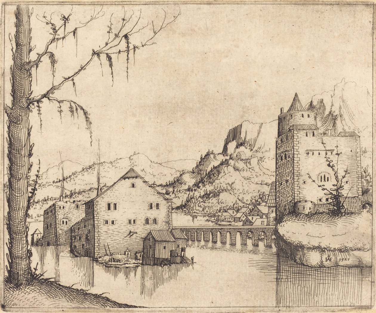 Flusslandschaft mit zwei Gebäuden von Augustin Hirschvogel