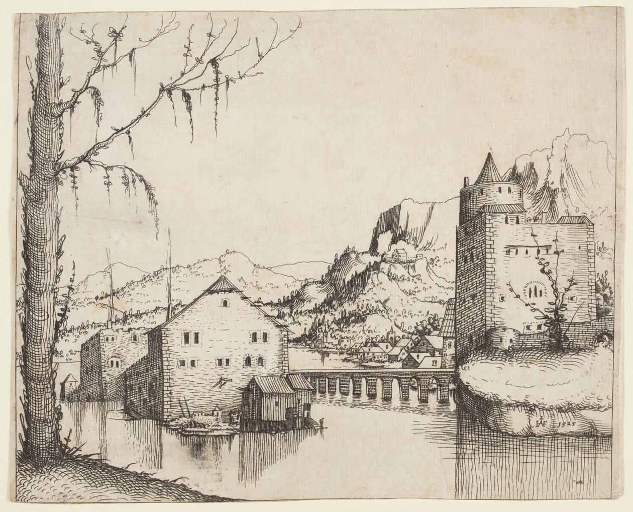 Flusslandschaft mit zwei Gebäuden, verbunden durch eine Brücke von Augustin Hirschvogel