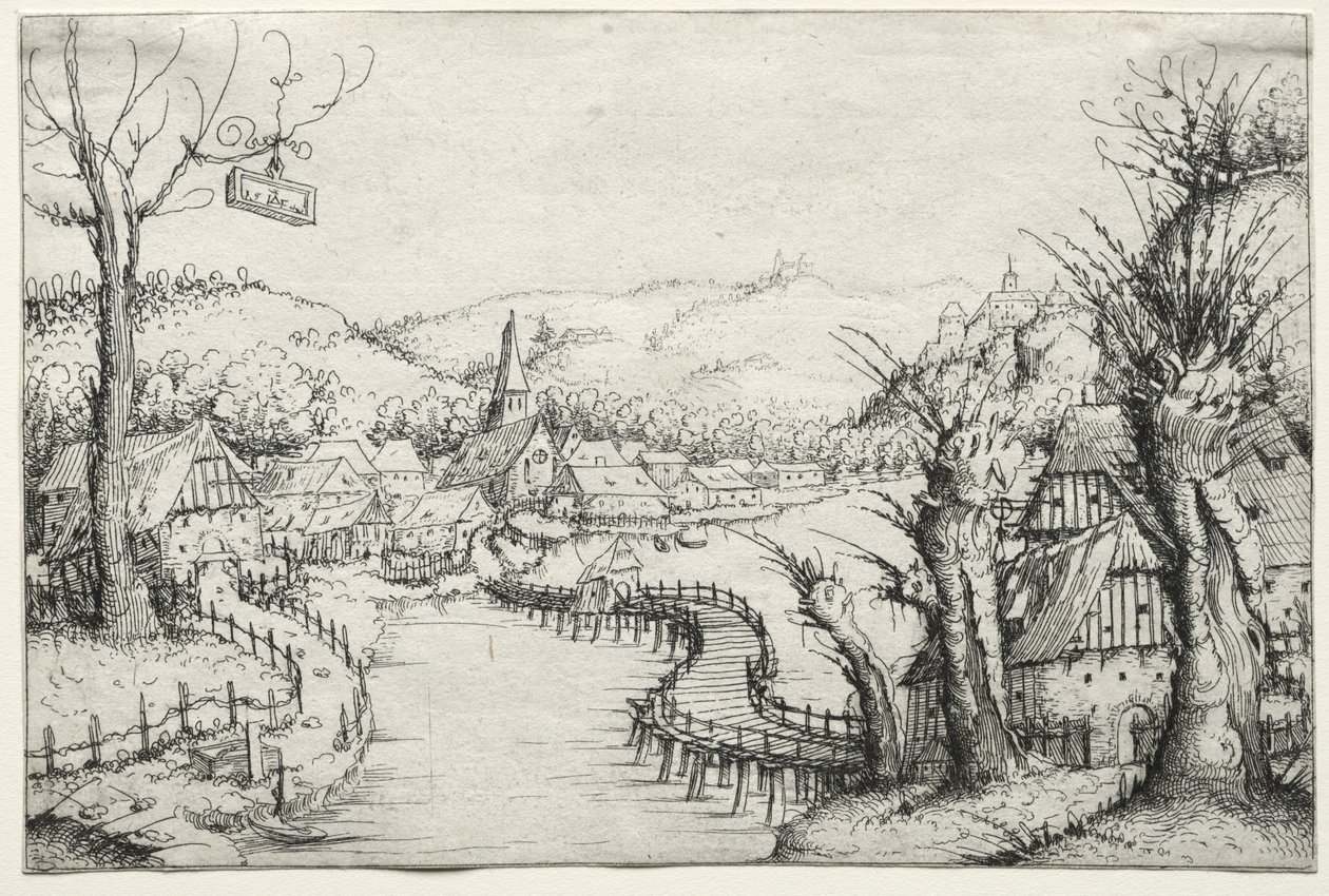 Flusslandschaft mit drei kahlen Weiden rechts und einer langen, gewundenen Holzbrücke in der Mitte, die zu einem Dorf führt von Augustin Hirschvogel