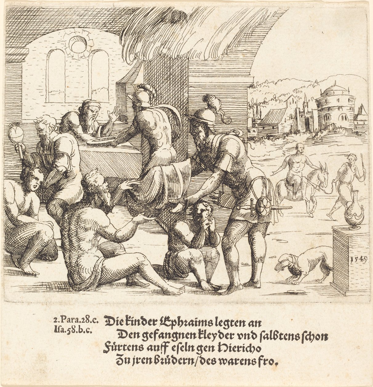 Die Männer von Ephraim kümmern sich um ihre Gefangenen und bringen sie nach Jericho zurück, 1549 von Augustin Hirschvogel