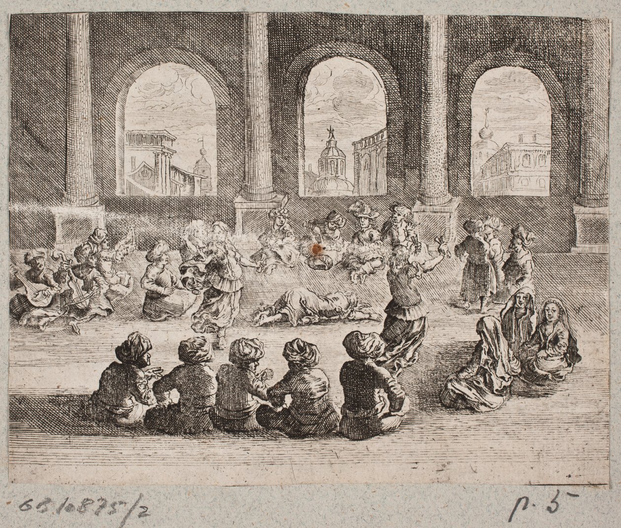 Orientalisches Palastinterieur mit einer Gesellschaft, die von Tänzern unterhalten wird von Augustin John
