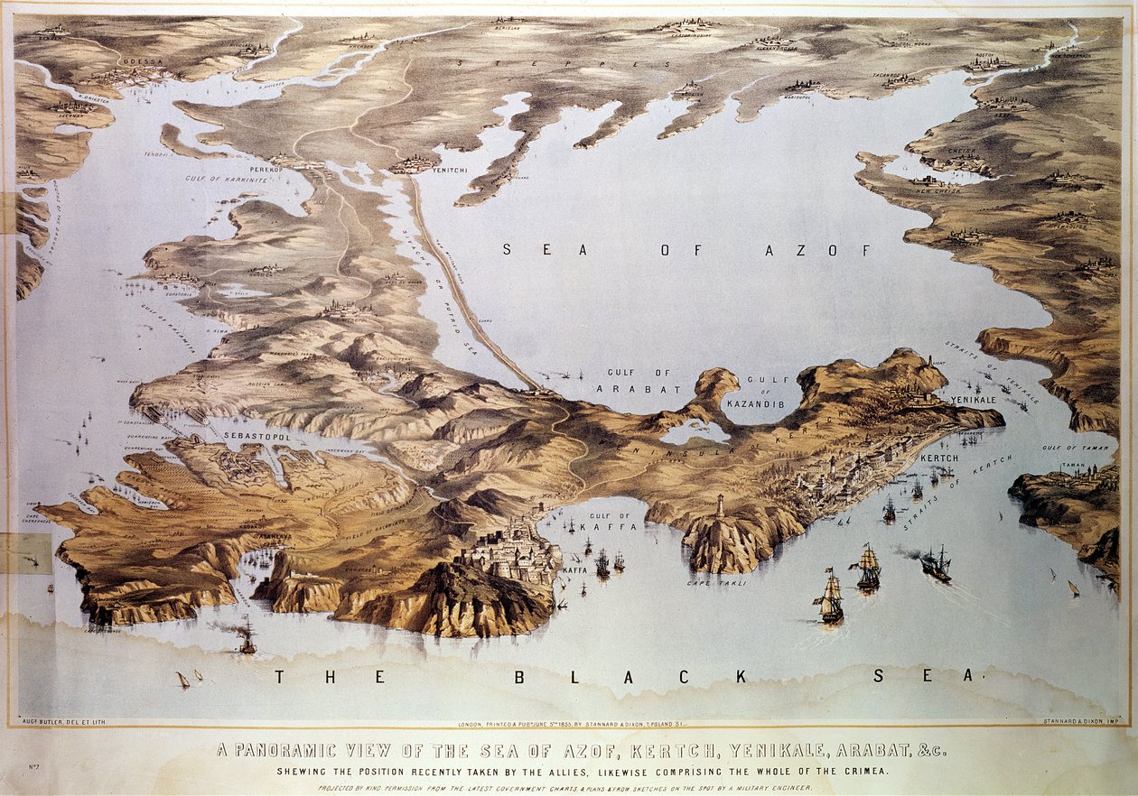 Panoramablick auf das Asowsche Meer mit der alliierten Position, aus Regierungskarten und Plänen und Skizzen eines Militäringenieurs, veröffentlicht von Stannard und Dixon, 1855 von Augustus Butler