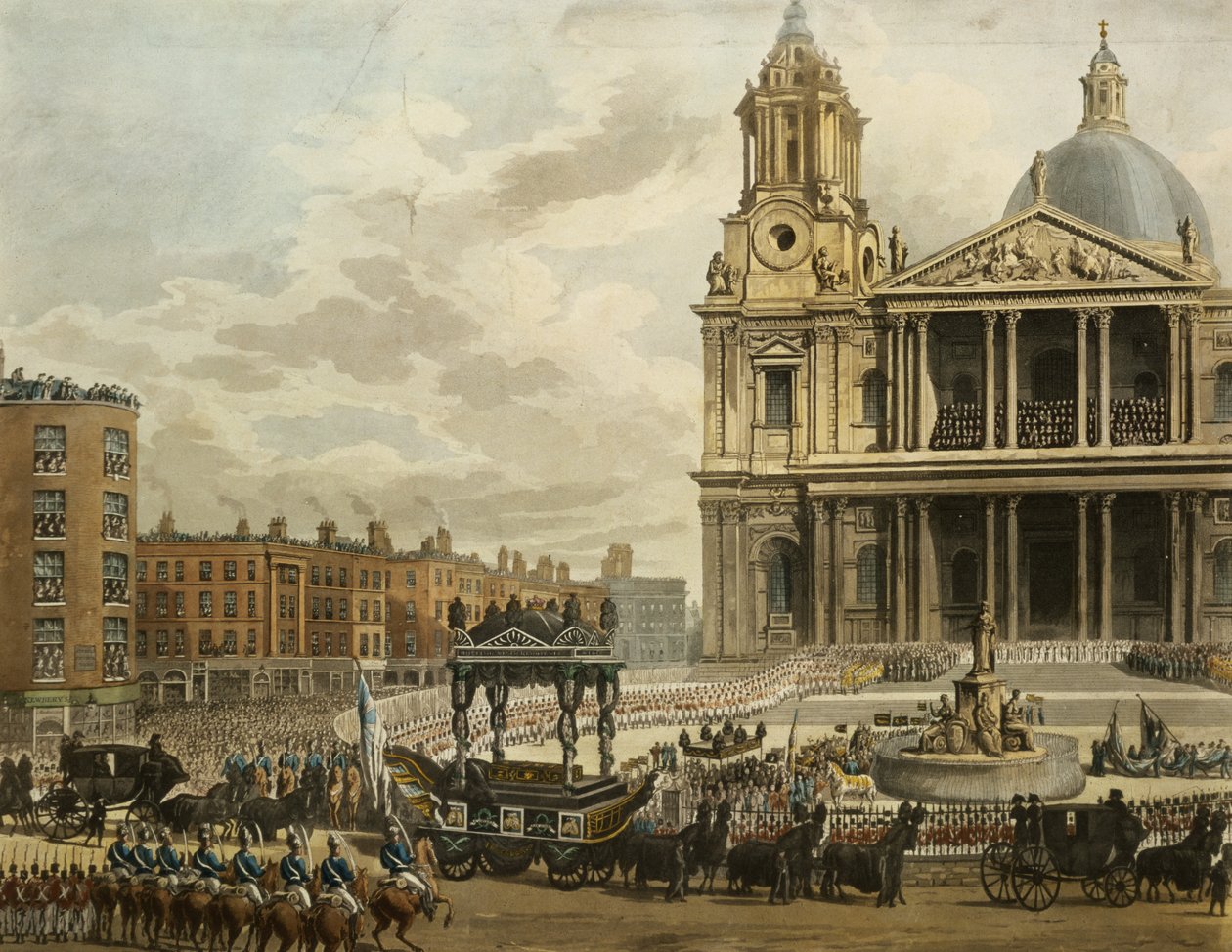 Trauerzug des verstorbenen Viscount Nelson, von der Admiralität zu St. Pauls, 9. Januar 1806, graviert von Merigot, veröffentlicht 1806 von Augustus Charles Pugin
