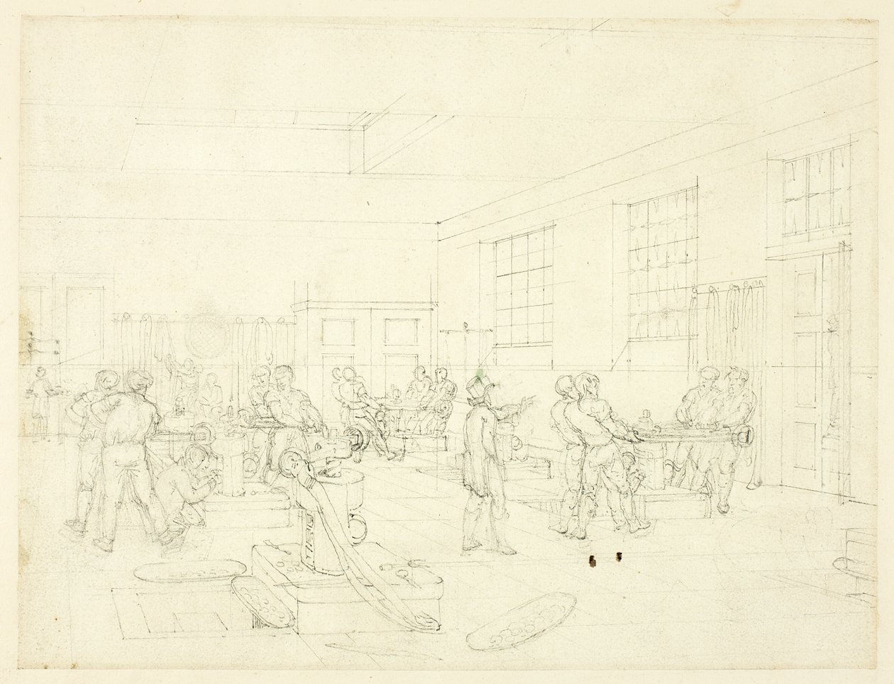 Studie für Die Münze, aus Microcosm of London (recto); Skizze des Innenhofs (verso) von Augustus Charles Pugin