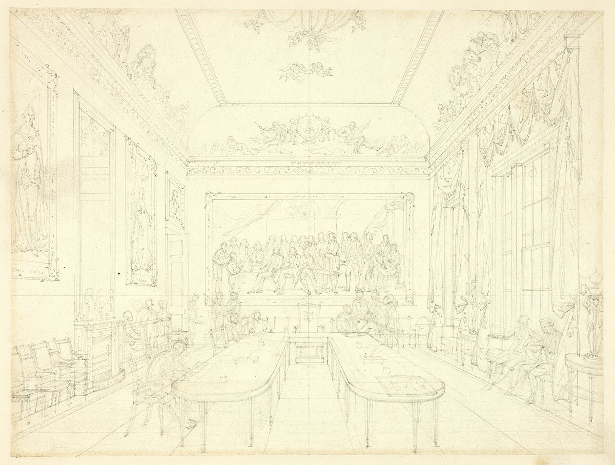 Studie für Trinity House, aus Microcosm of London (recto); Architektonische Skizze von Reihenhausfassaden (verso) von Augustus Charles Pugin